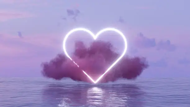 Photo of Neon Lightning Glowing Heart Shape and Cloud over the Sea, Valentine's day concept.