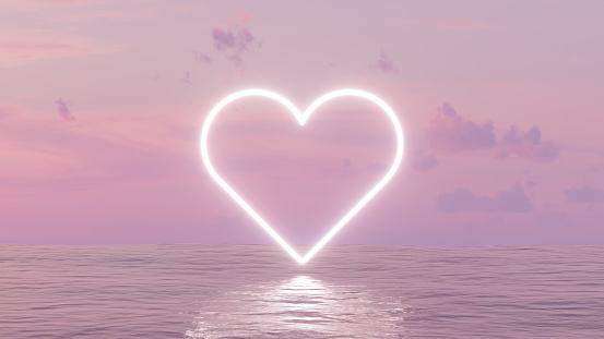 3D rendering of Neon Lightning Glowing Heart Shape Frame over the Sea. Valentine's day concept.