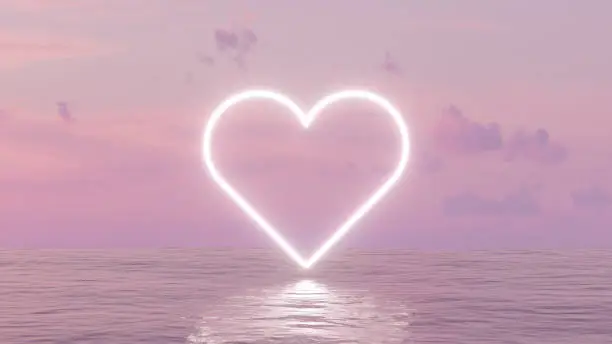 Photo of Neon Lightning Glowing Heart Shape over the Sea, Valentine's day concept.