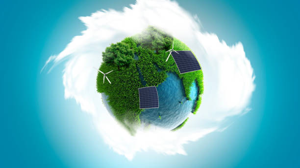istock Sustainable earth concept, globe with wind mills and green continents, save the earth, sustainability 1292261149