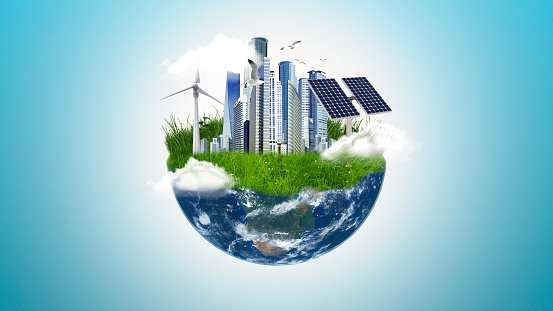 Future earth concept, clean earth with green areas, windmill, solar cells and industrial buildings, sustainable development
