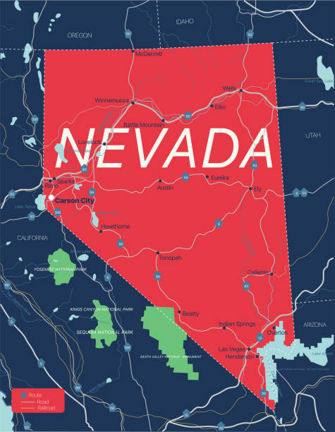 Nevada state detailed editable map Nevada state detailed editable map with cities and towns, geographic sites, roads, railways, interstates and U.S. highways. Vector EPS-10 file, trending color scheme nevada highway stock illustrations