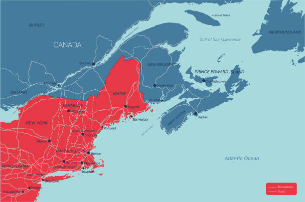 ニューイングランド詳細な編集可能な地図 - map eastern usa new york city boston点のイラスト素材／クリップアート素材／マンガ素材／アイコン素材