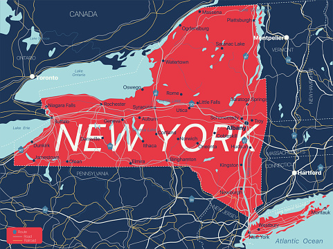 New York state detailed editable map with cities and towns, geographic sites, roads, railways, interstates and U.S. highways. Vector EPS-10 file, trending color scheme