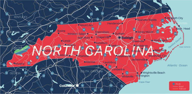 illustrazioni stock, clip art, cartoni animati e icone di tendenza di mappa modificabile dettagliata dello stato della carolina del nord - carolina del nord stato usa