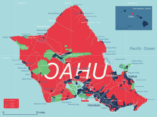 oahu insel detaillierte bearbeitbare karte - hawaii inselgruppe stock-grafiken, -clipart, -cartoons und -symbole