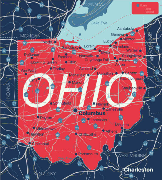 ilustraciones, imágenes clip art, dibujos animados e iconos de stock de mapa editable detallado del estado de ohio - map ohio cartography usa