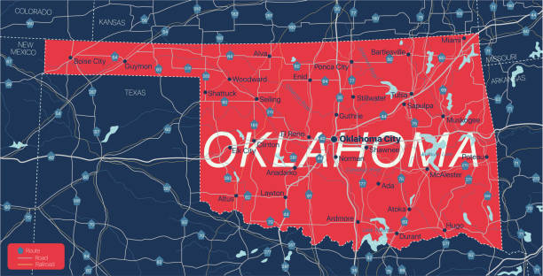 ilustraciones, imágenes clip art, dibujos animados e iconos de stock de mapa editable detallado del estado de oklahoma - oklahoma tulsa map cartography