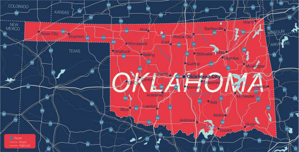 ilustrações de stock, clip art, desenhos animados e ícones de oklahoma state detailed editable map - oklahoma tulsa map cartography