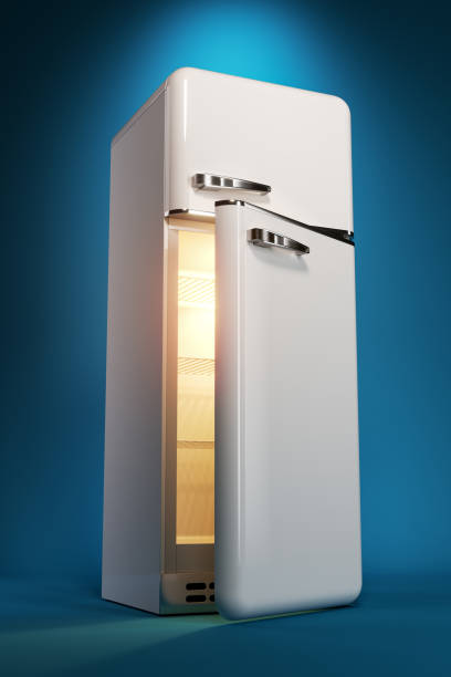 réfrigérateur classique blanc avec porte ouverte et vide à l’intérieur. - frigo ouvert photos et images de collection