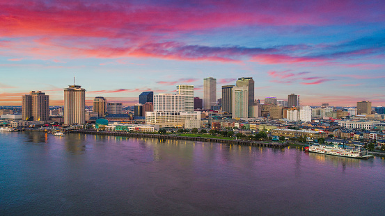New Orleans, Louisiana, USA Downtown Drone Skyline Aerial.