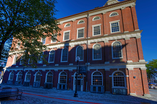 The Fanfueil Hall in Boston, Massachusetts. Faneuil Hall is a marketplace and meeting hall which opened in 1743