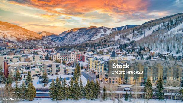 Vail Colorado Usa Downtown Drone Mountains Aerial Stock Photo - Download Image Now