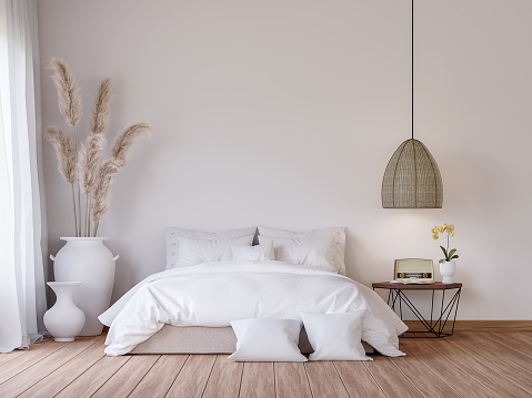 Mininal contemporary style bedroom 3d render,There are wooden floor decorate with white fabric bed set and big white jar with dry reed flower.