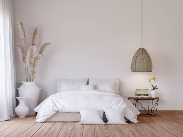 Mininal contemporary style bedroom 3d render Mininal contemporary style bedroom 3d render,There are wooden floor decorate with white fabric bed set and big white jar with dry reed flower. bed decoration stock pictures, royalty-free photos & images