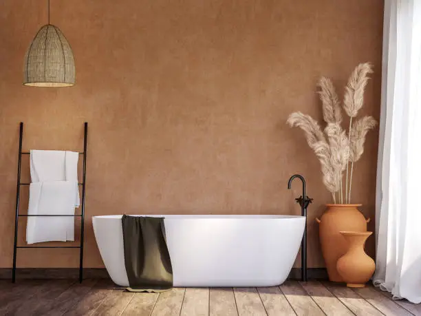 Local style bathroom with blank orange wall 3d render,There are old wood floor decorate with rattan lamp and terracotta jar with dry reed flower.