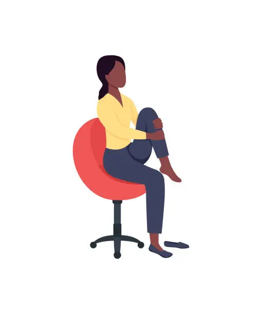 Vector illustration of Woman in chair stretching leg flat color vector faceless character