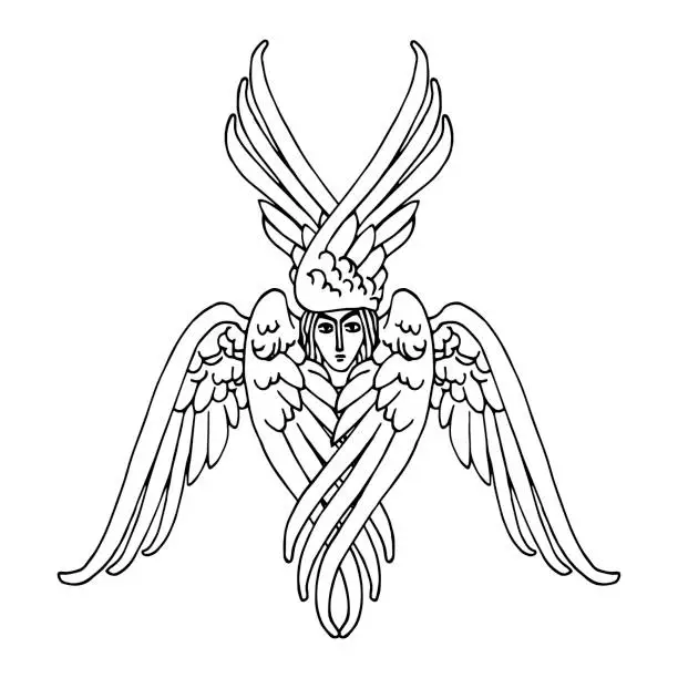 Vector illustration of orthodox six-winged seraph, heaven messenger, for christmas and easter cards, posters