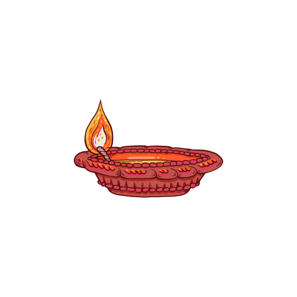 ilustrações de stock, clip art, desenhos animados e ícones de diya lamp with lit candle wick - diwali festival celebration symbol - diyo