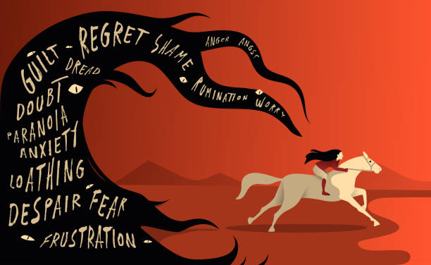 wizualna metafora ucieczki przed negatywnym myśleniem, pokonywania przeciwności i problemów ze zdrowiem psychicznym - wine stock illustrations