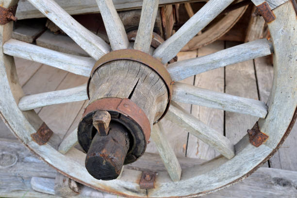 Old fashioned wheel front of wall.