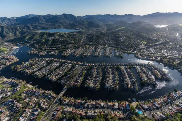 Aerial view of Westlake Island and lake in Thousand Oaks and Westlake Village communities in Southern California.