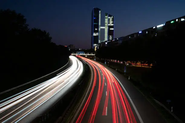Munich City A9 Autobahn Lighttrail Highway at Night. High quality photo