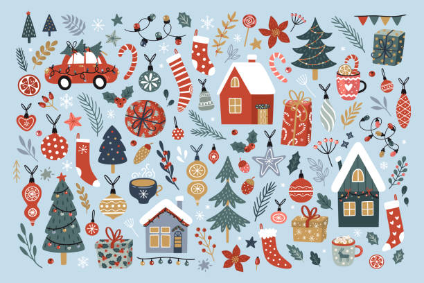 Christmas vector collection of decorative winter elements. Christmas vector collection of decorative winter elements with cute houses, trees, christmas ornaments and baubles, branches, socks, gifts and hot drinks. Perfect for season decorations. winter icons stock illustrations