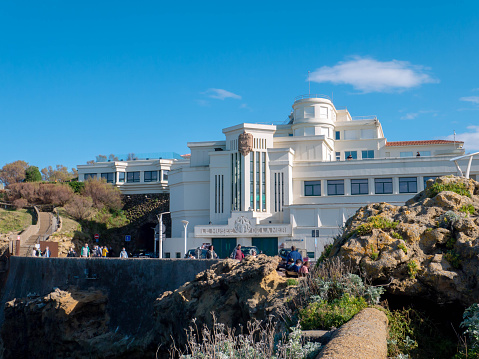 Biarritz, France - October 10, 2020: Sea Museum building on the rock of Atalaia, Biarritz, France. Aquarium and collection of sea animals and birds.