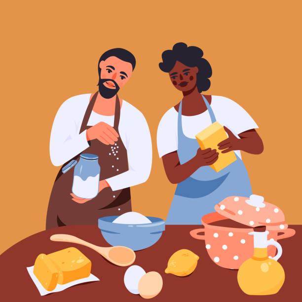 istock White man and black woman cooking together cartoon illustration. 1292283348