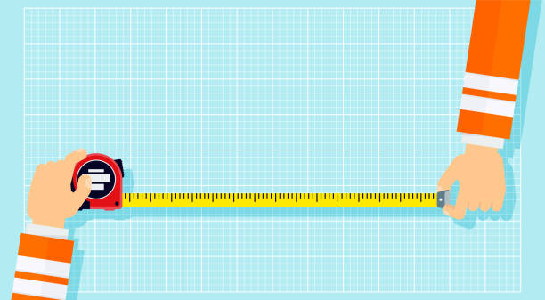 Measuring tape in the hands of a man. Template for a poster Measuring tape in the hands of a man. Template for a poster of a construction and repair company. Flat vector illustration. metric ruler stock illustrations