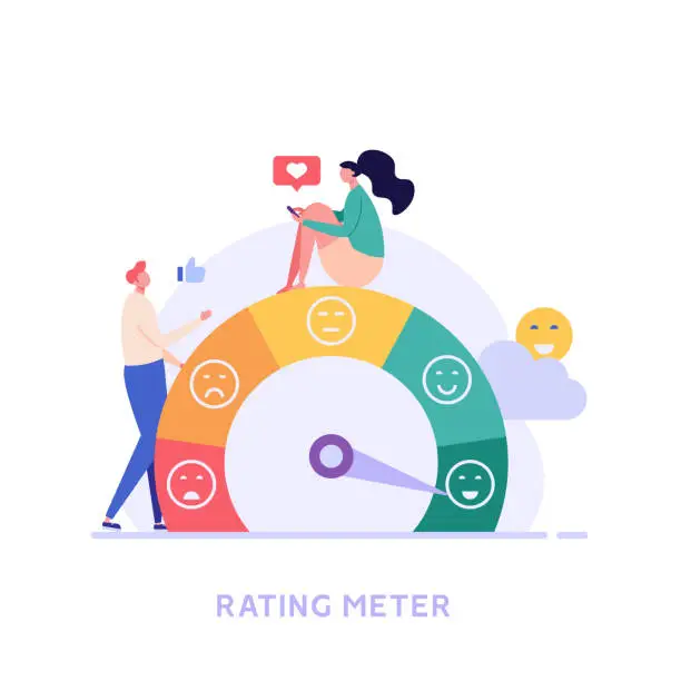 Vector illustration of Customer Satisfaction Survey Clients Choosing Satisfaction Rating with Good and Bad Emotions. Concept of Client Feedback, Online Survey, Customer Review. Vector illustration for Web Design
