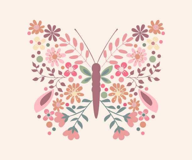 ilustraciones, imágenes clip art, dibujos animados e iconos de stock de mariposa con alas florales, diseño vectorial para moda y estampados de carteles - camiseta con logotipo