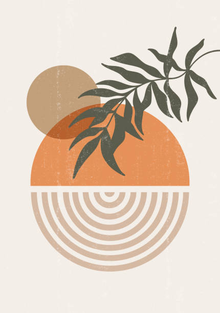 abstrakte sonne mond blätter druck boho minimalistische druckbare wandkunst - botany wallpaper pattern wallpaper illustration and painting stock-grafiken, -clipart, -cartoons und -symbole