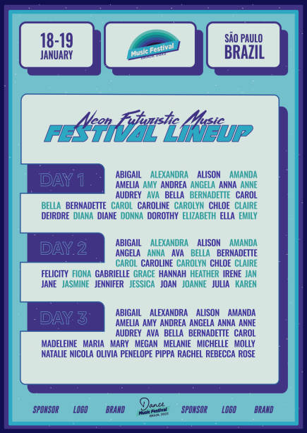 Futuristic Music Festival Lineup DJ Poster or Flyer Leaflet Template in Bright Blue Synthwave Cyberpunk Style vector art illustration