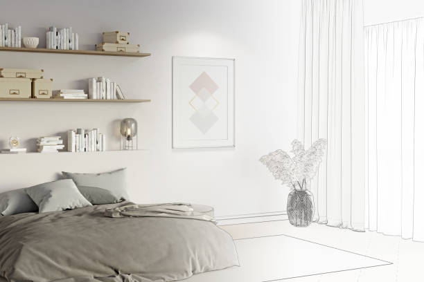 istock The sketch becomes a real bright bedroom with a vertical poster between a pouf, a bed with bookshelves above the headboard, and pampas grass in a wicker basket, a window with curtains. 1292288167