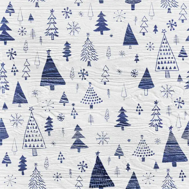 Vector illustration of Hand Drawn Christmas/Holiday Trees Pattern. Navy Blue Christmas Trees Background. Forest background. Childish texture for fabric, textile.