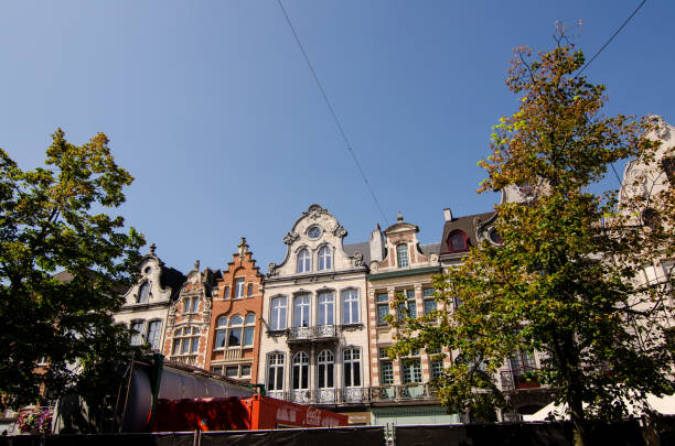 Aerial view of residential  area in the historic centre of Ghent. Roofs of houses from above.