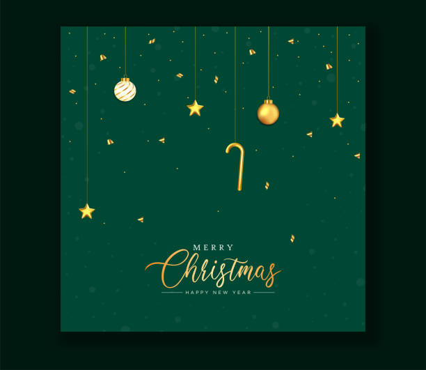 frohe weihnachten grußkarte design in grüner farbe hintergrund. glückliche weihnachtskarten mit weihnachtskugel, stern, weihnachten hängen deinzschmuck. - christmas gold green backgrounds stock-grafiken, -clipart, -cartoons und -symbole