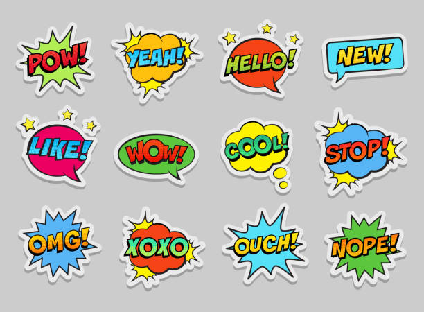 ilustraciones, imágenes clip art, dibujos animados e iconos de stock de pegatinas set, retro coloridas burbujas de habla cómica en el fondo blanco. texto de expresión pow, yeah, wow, hello, yeah, omg, like, cool, ouch, nope, stop, xoxo, etc. - omg