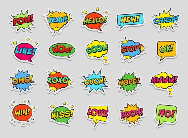 Stickers set, retro colorful comic speech bubbles set on white background. Expression text POW, YEAH, WOW, HELLO, YEAH, OMG, LIKE, COOL, OUCH, NOPE, STOP, XOXO etc. Vector illustration, pop art style. word cool stock illustrations