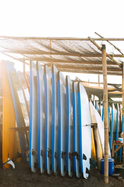 istock Stack of blue and white color soft surfboards in a stack by ocean.Bali.Indonesia. Surf boards on sandy beach for rent. Surf lessons on Canggu beach. 1292295414