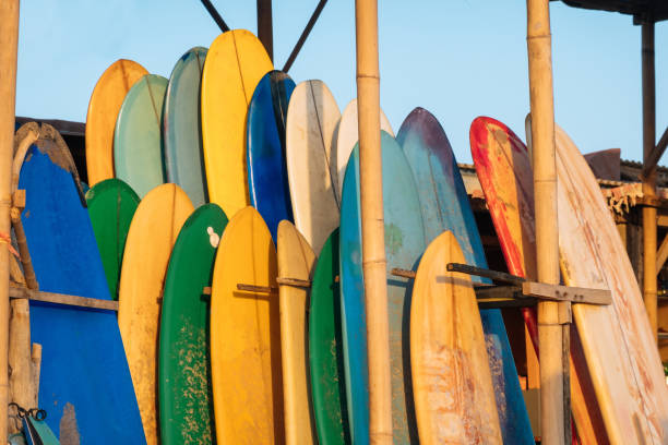 istock Set of different color surf boards in a stack by ocean.Bali.Indonesia. Surf boards on sandy beach for rent. Surf lessons on Weligama beach, Sri Lanka. 1292295475