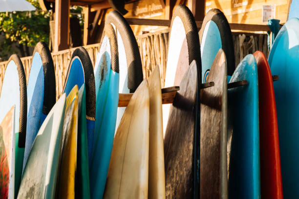 istock Set of different color surf boards in a stack by ocean.Bali.Indonesia. Surf boards on sandy beach for rent. Surf lessons on Weligama beach, Sri Lanka. 1292296184