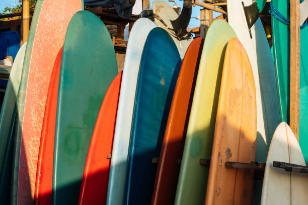 istock Set of different color surf boards in a stack by ocean.Bali.Indonesia. Surf boards on sandy beach for rent. Surf lessons on Weligama beach, Sri Lanka. 1292296234