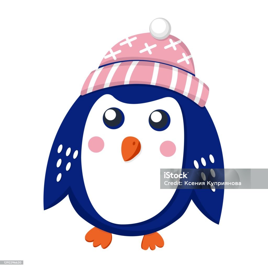 Chim Cánh Cụt Con Màu Xanh Đậm Đội Mũ Màu Hồng Và Trắng Mỏ Và Bàn ...