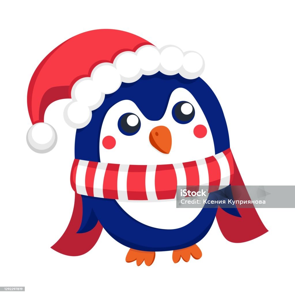 Chim Cánh Cụt Con Màu Xanh Đậm Đội Mũ Và Khăn Quàng Cổ Màu Đỏ Và ...