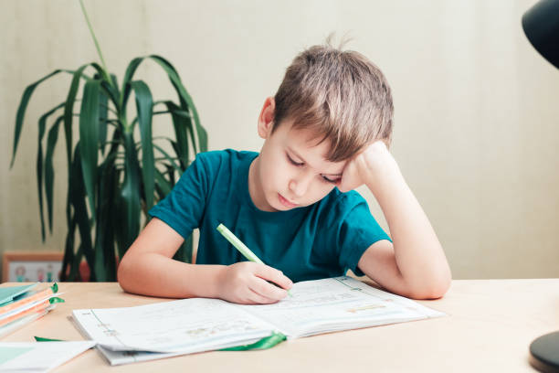 istock 7 yeas old boy sitting at desk and doing homework 1292299063