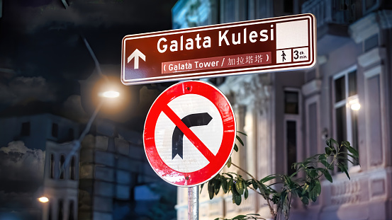 Directional signage for Galata Tower in Taksim, Istanbul, Turkey