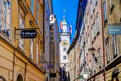 Salzburg, Austria - November 8, 2018: Close up of street side buildings and cathedrals in Salzburg Austria